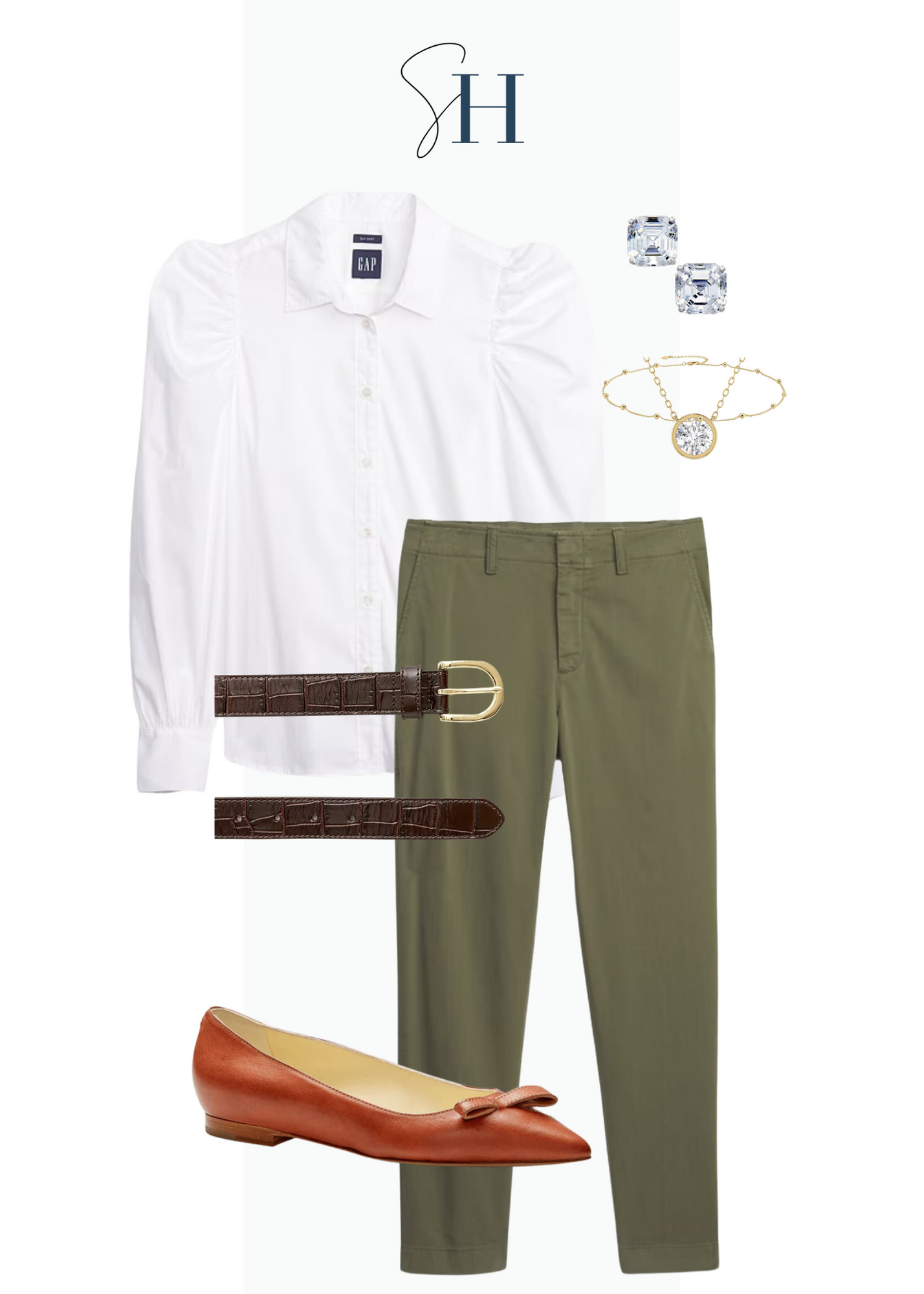 Green skinny chinos with a white puff-sleeve shirt