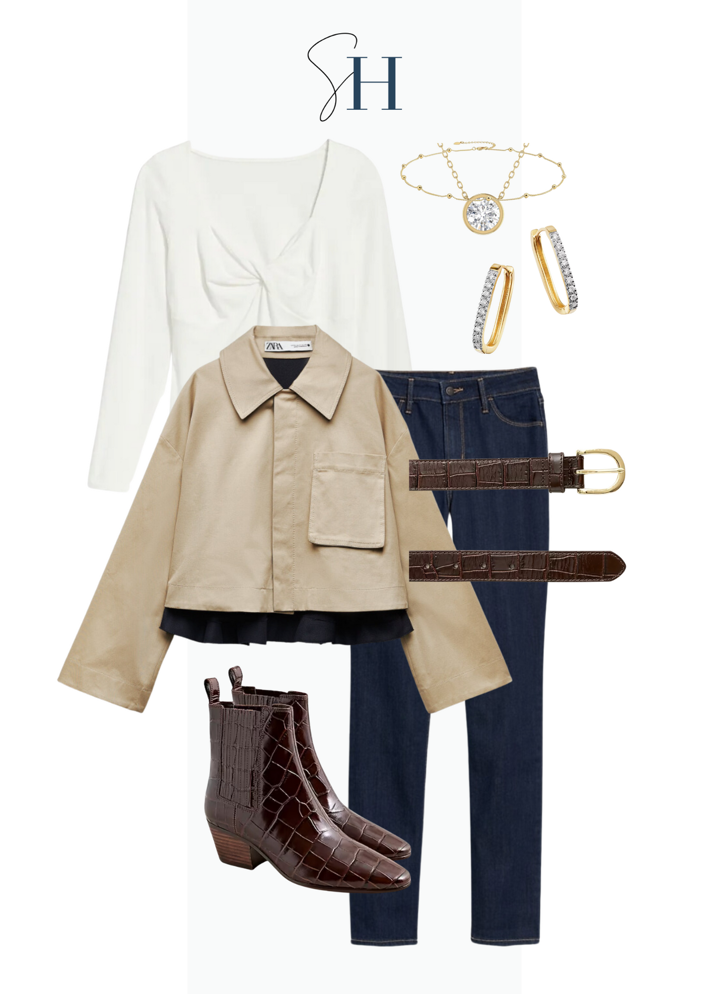 Cropped trench coat with jeans, a white t-shirt and brown accessories.