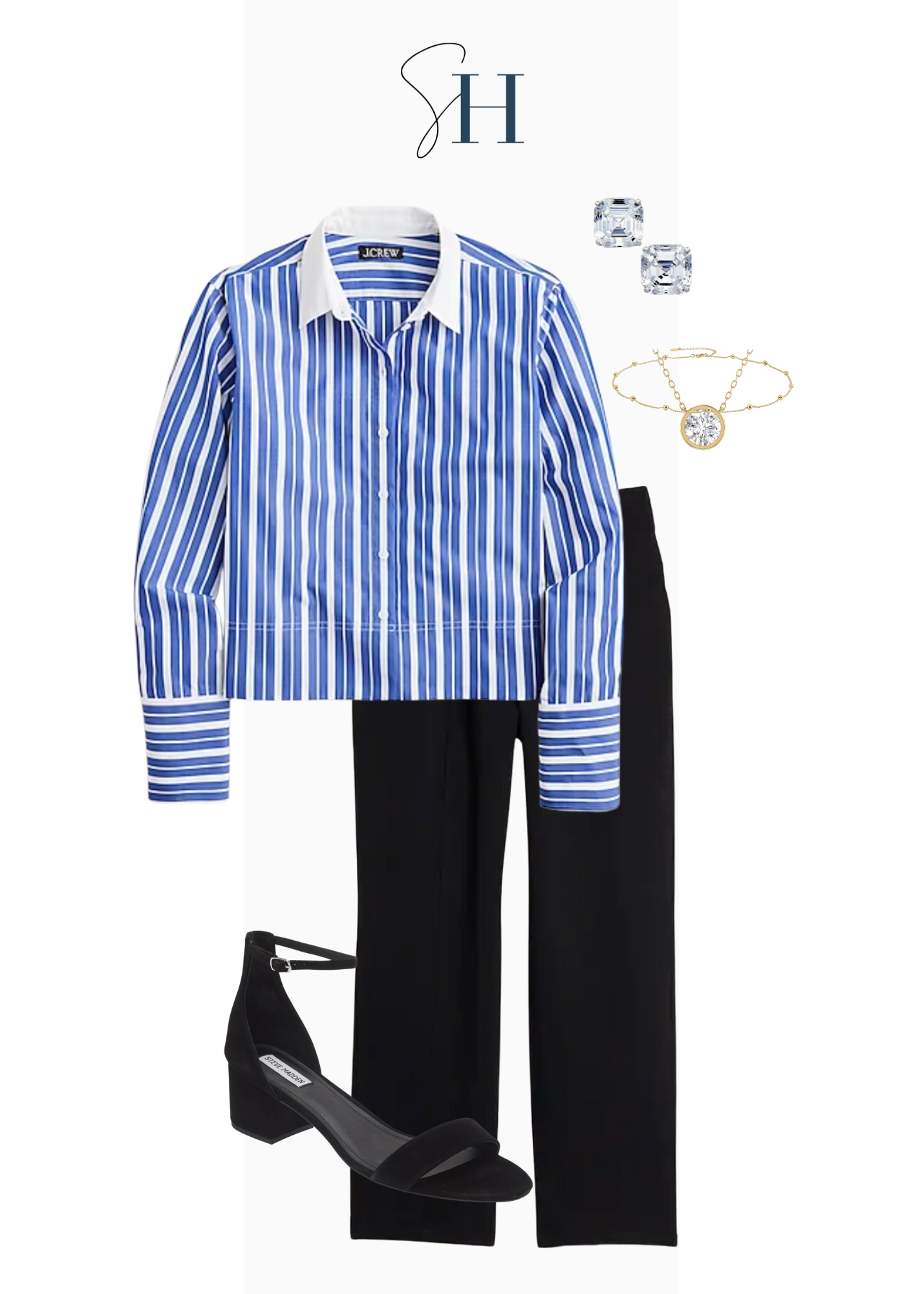 Blue and white cropped striped button-down shirt