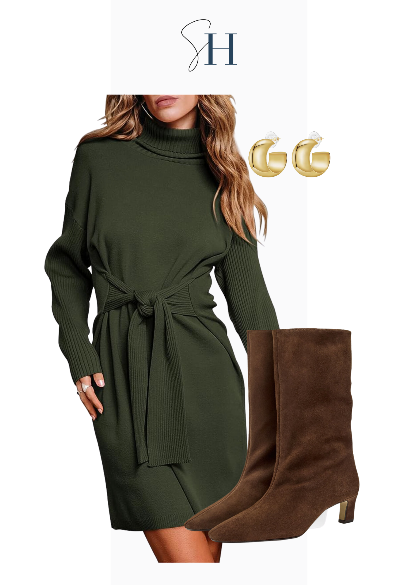 Green sweater dress with brown suede boots