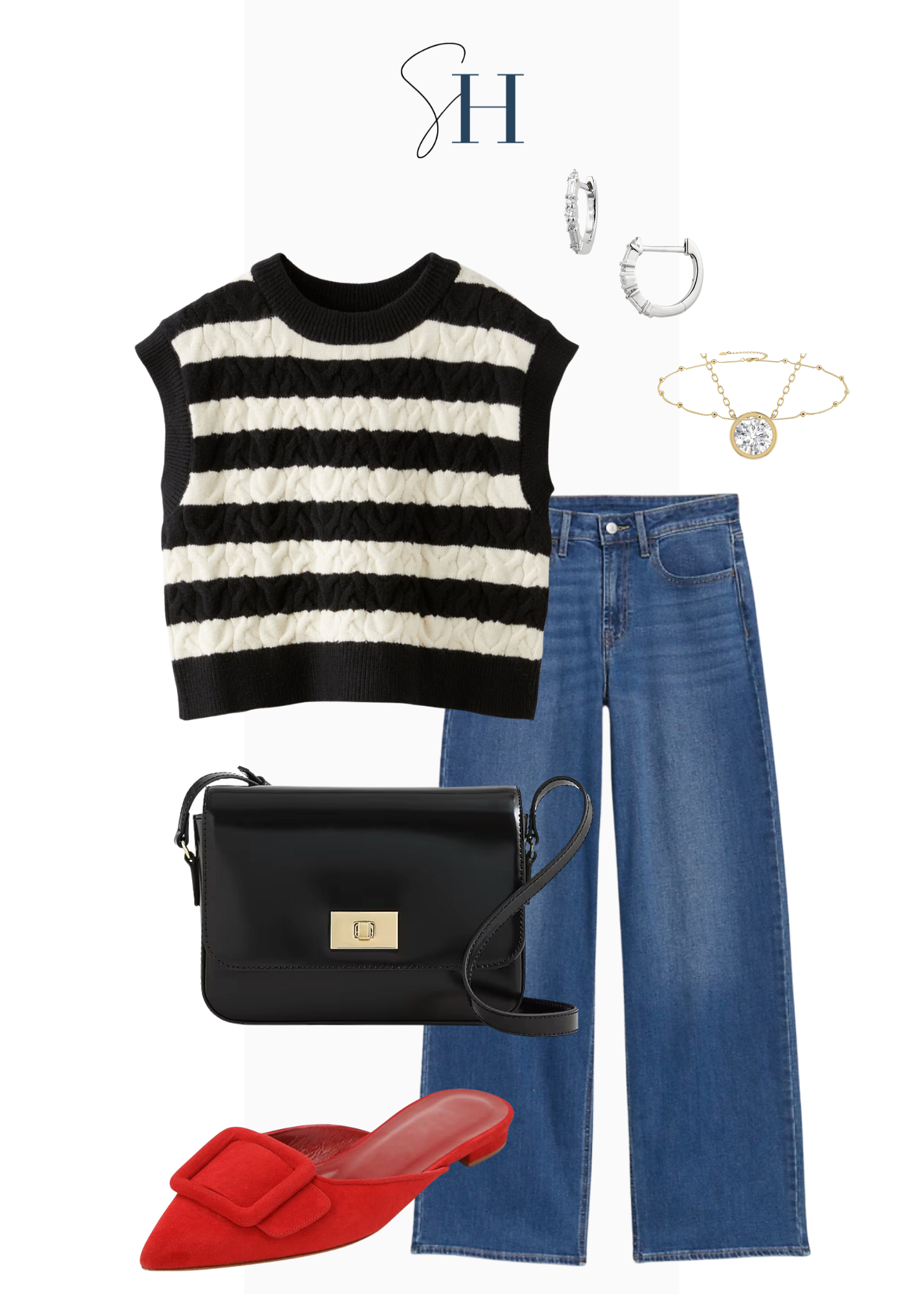 Zara kids striped vest with wide-leg jeans and red flats