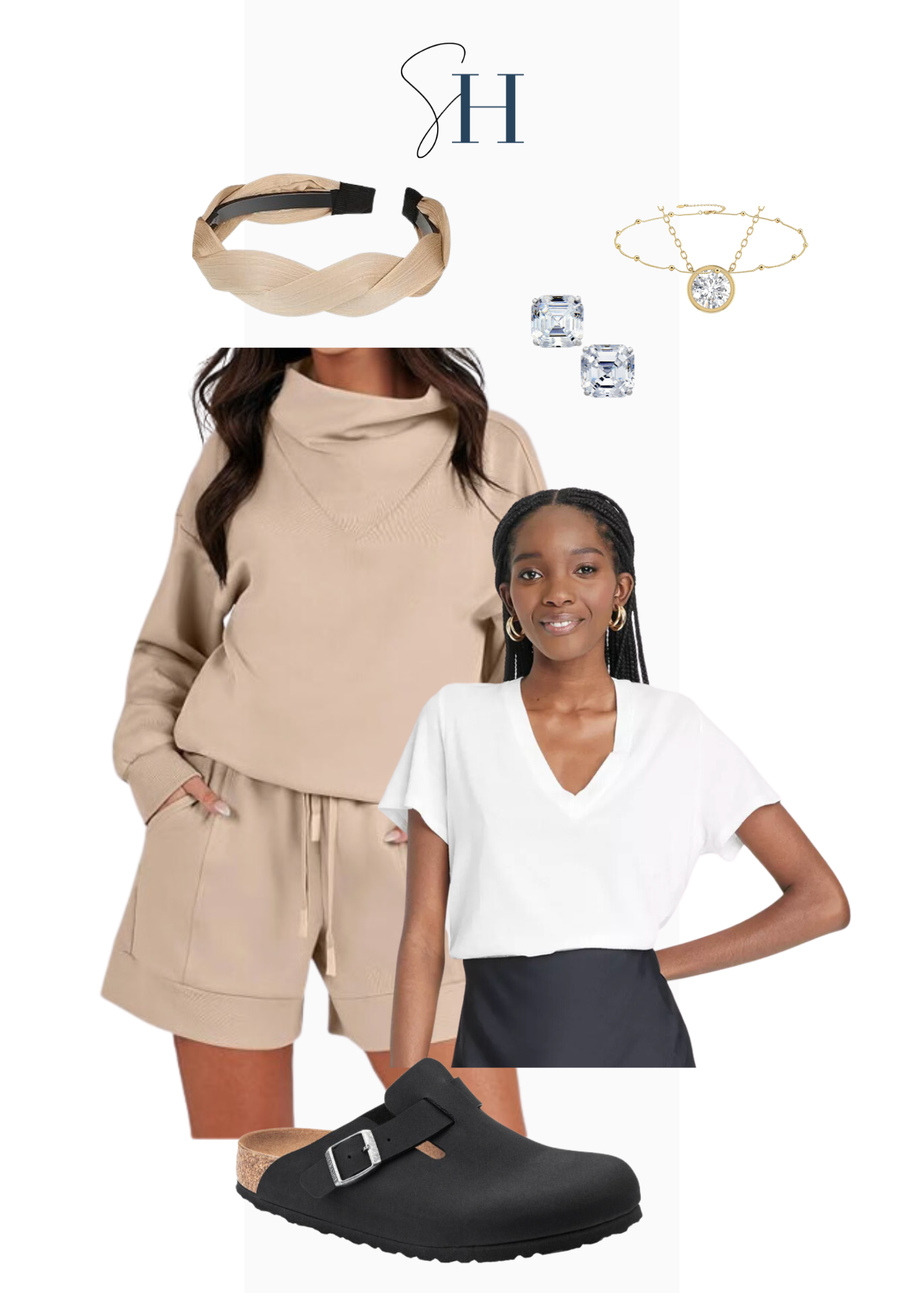 Camel loungewear shorts set with birkenstock clogs