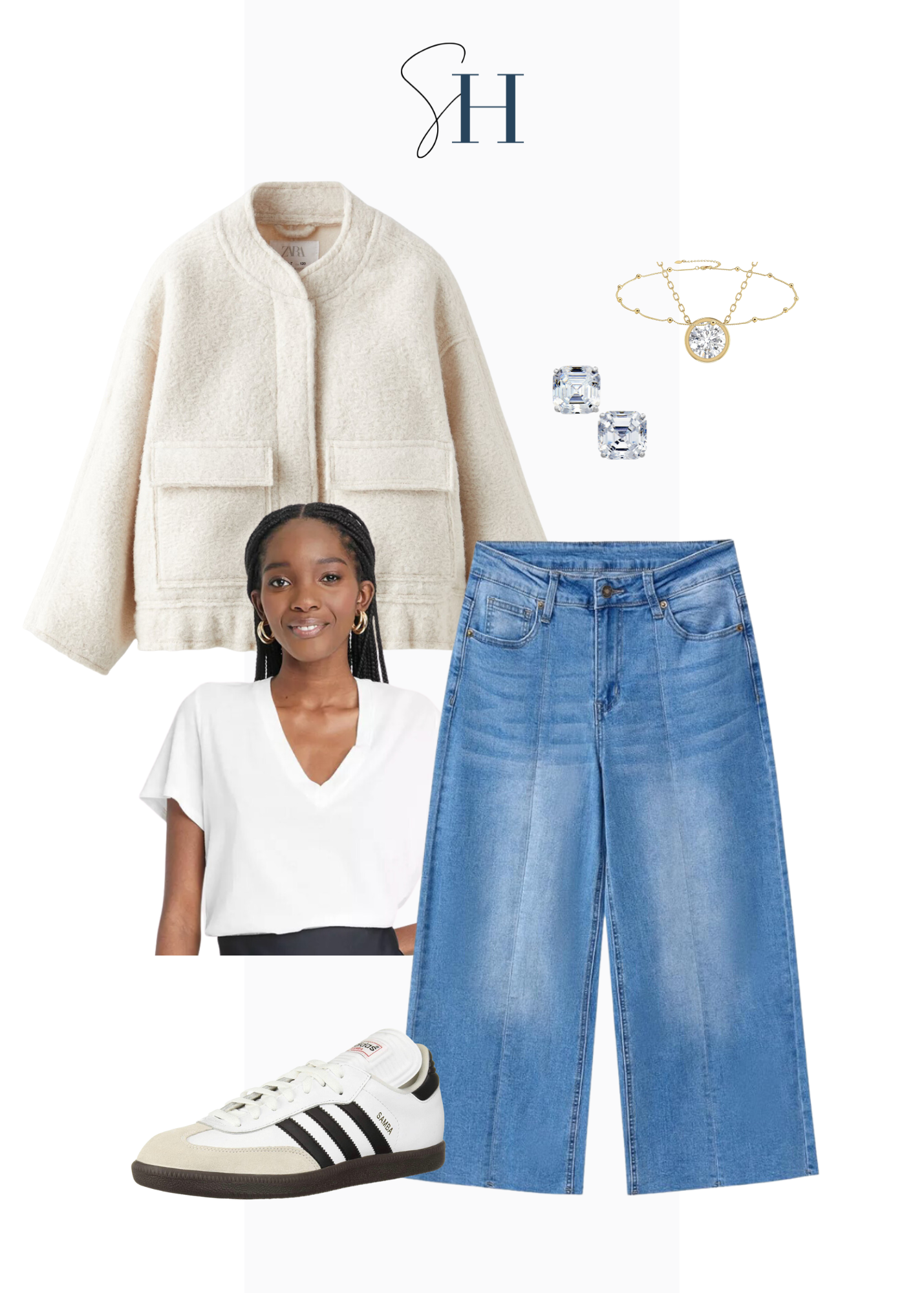 cropped wide-leg jeans with beige boucle bomber jacket